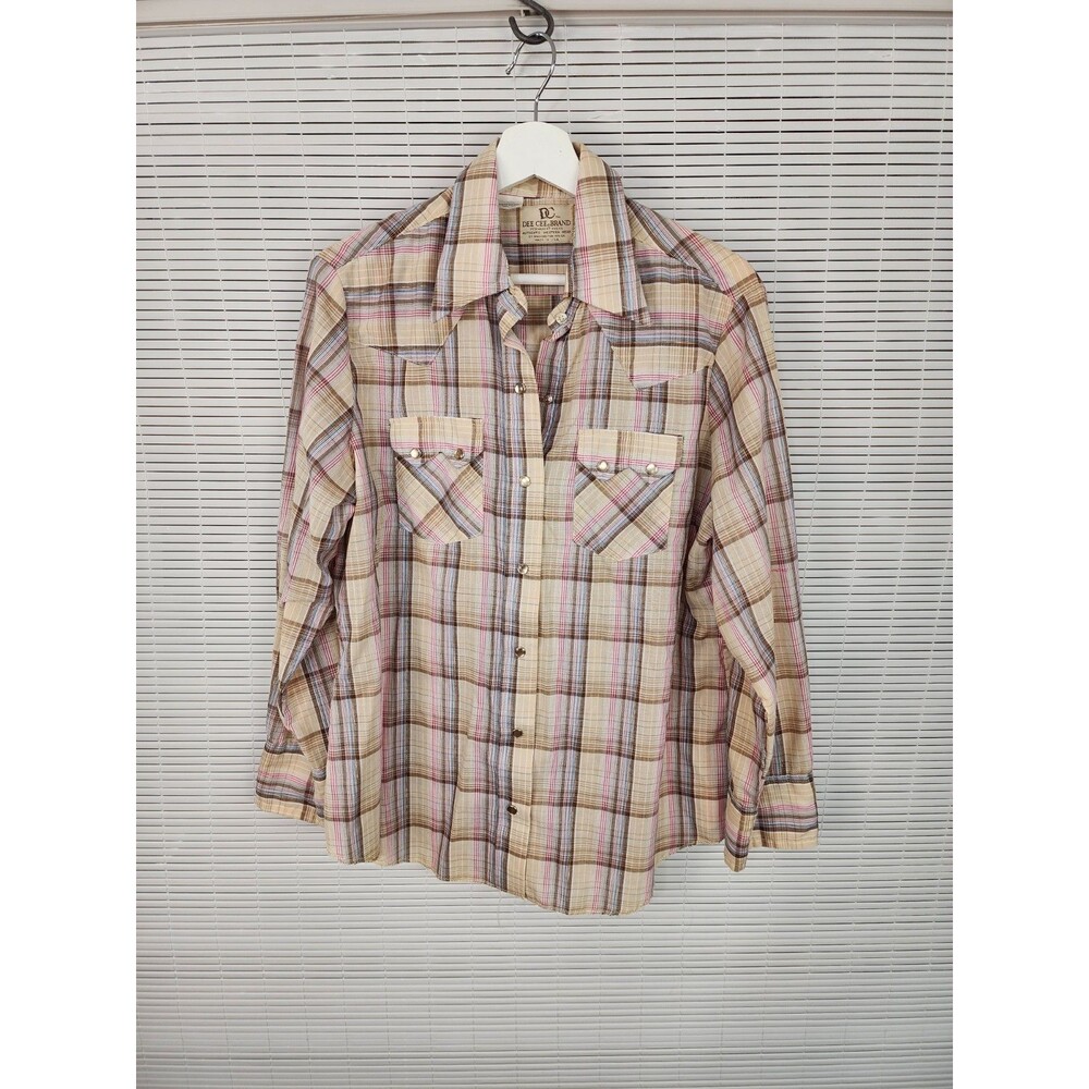 Vintage 70s Dee Cee Western Shirt Mens sz 40 Tan/Pink Plaid Sawtooth Pearl Snap